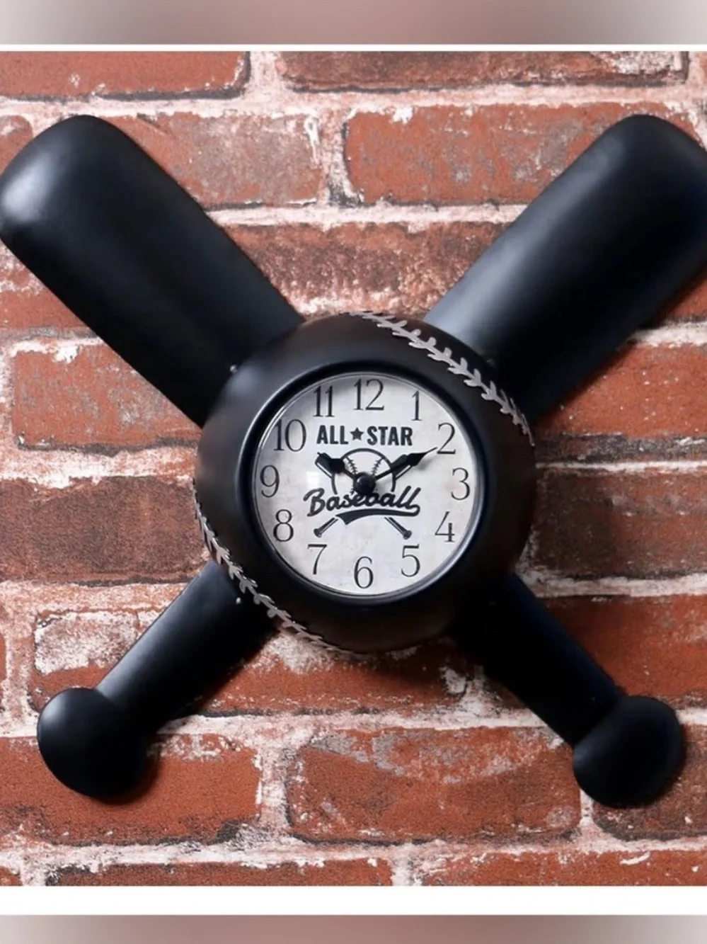 Baseball All Star Black Wall Clock with Crossed Bats